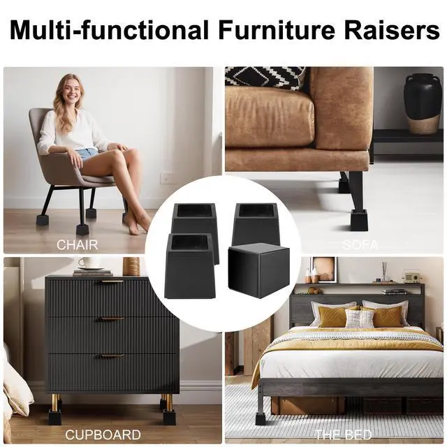 Alt view image 6 of 7 - Wood Bed Risers Heavy Duty, Support Loading 2200lbs, 4 Pack Furniture Riser Leg Height Extenders Lifts for Dorm Sofa Couch Desk Chair Table, Black, 3.5" H(Inner 3" H)