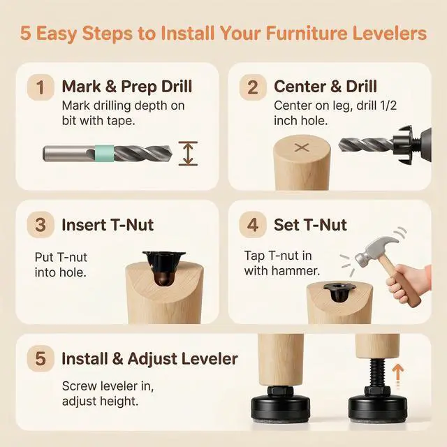 Alt view image 6 of 7 - 4 Pack Adjustable Furniture Feet Table Levelers with T-Nuts and Felt Pads