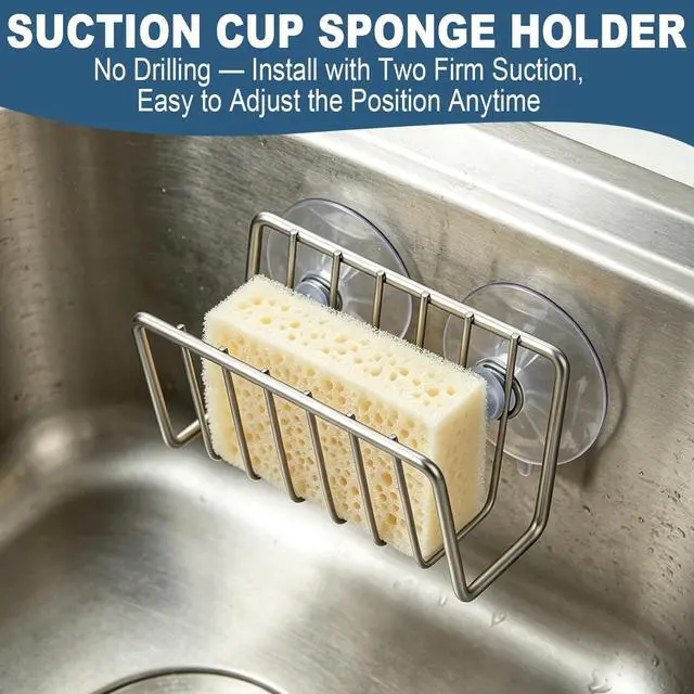 Alt view image 3 of 7 - Sponge Holder for Kitchen Sink, Stainless Steel Sink Caddy with Strong Suction Cups, Rustproof Suction Sponge Holder Organizer for Sponge, Scrubber & Brush Silver