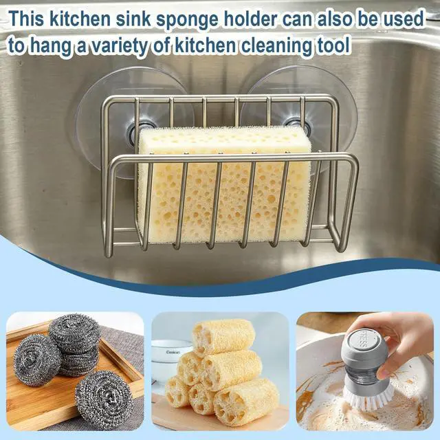Alt view image 4 of 7 - Sponge Holder for Kitchen Sink, Stainless Steel Sink Caddy with Strong Suction Cups, Rustproof Suction Sponge Holder Organizer for Sponge, Scrubber & Brush Silver