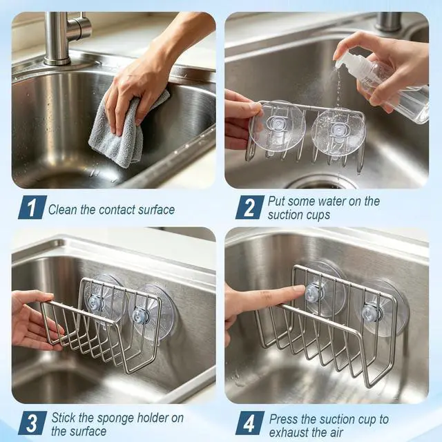 Alt view image 5 of 7 - Sponge Holder for Kitchen Sink, Stainless Steel Sink Caddy with Strong Suction Cups, Rustproof Suction Sponge Holder Organizer for Sponge, Scrubber & Brush Silver