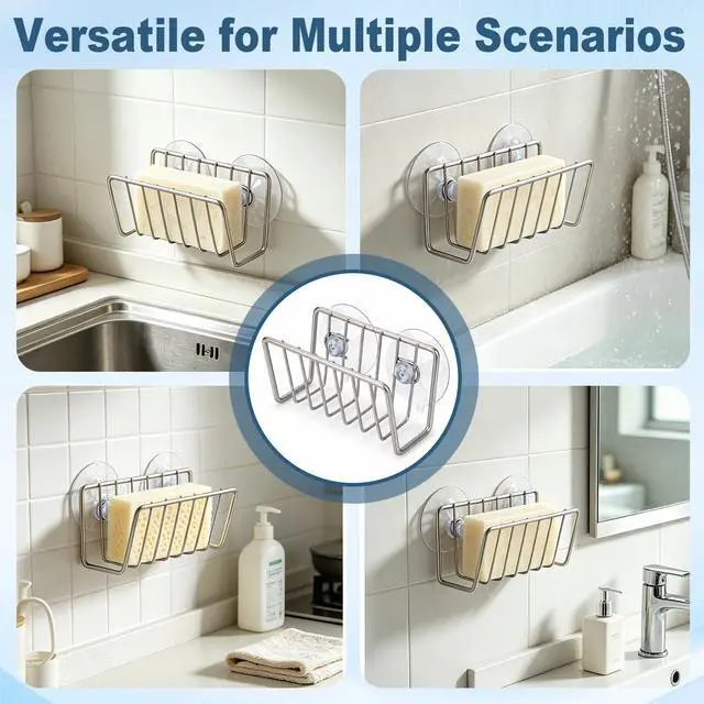 Alt view image 6 of 7 - Sponge Holder for Kitchen Sink, Stainless Steel Sink Caddy with Strong Suction Cups, Rustproof Suction Sponge Holder Organizer for Sponge, Scrubber & Brush Silver