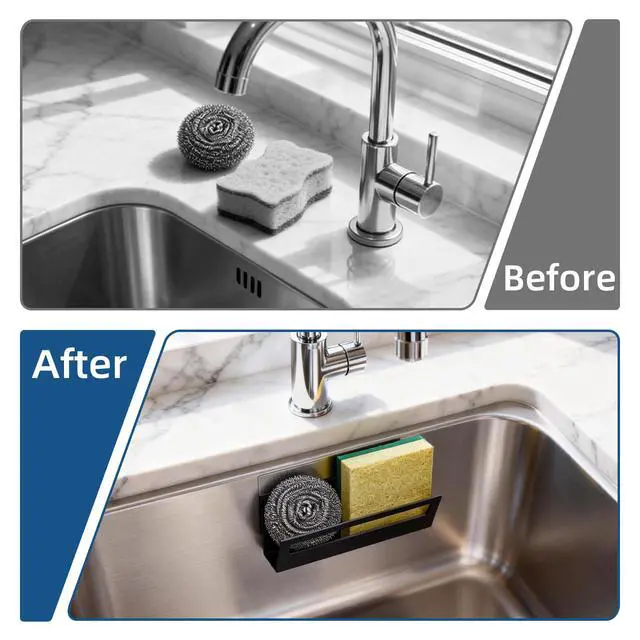 Alt view image 7 of 7 - Sponge Holder for Kitchen Sink | with Suction Cups & Adhesive Hook, Rustproof, Space-Saving Wall Hanging, Stainless Steel, For Sponge, Dish Cloth, Brush