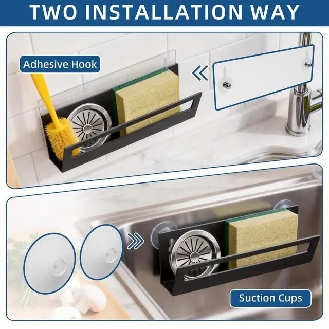 Alt view image 5 of 7 - Sponge Holder for Kitchen Sink | with Suction Cups & Adhesive Hook, Rustproof, Space-Saving Wall Hanging, Stainless Steel, For Sponge, Dish Cloth, Brush