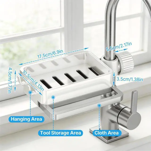 Alt view image 2 of 7 - Sink Caddy Kitchen Sink Organizer, 360° Rotating Faucet Sponge Holder for Kitchen Sink with Pull-Out Drain Tray 3 Compartments Hanging Sink Caddy for Sponge Dish Brush Cloth,White