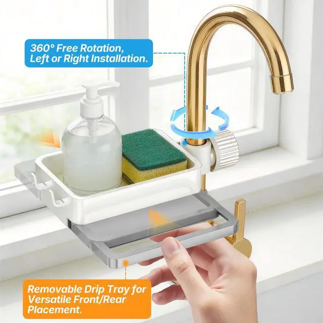 Alt view image 4 of 7 - Sink Caddy Kitchen Sink Organizer, 360° Rotating Faucet Sponge Holder for Kitchen Sink with Pull-Out Drain Tray 3 Compartments Hanging Sink Caddy for Sponge Dish Brush Cloth,White