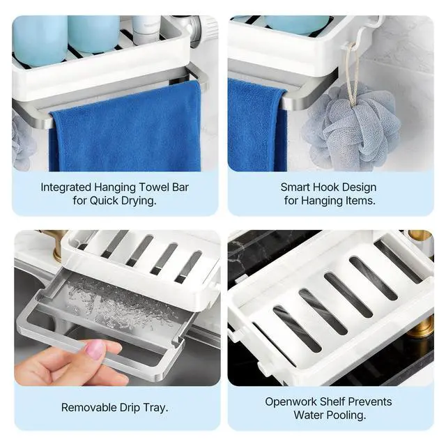 Alt view image 5 of 7 - Sink Caddy Kitchen Sink Organizer, 360° Rotating Faucet Sponge Holder for Kitchen Sink with Pull-Out Drain Tray 3 Compartments Hanging Sink Caddy for Sponge Dish Brush Cloth,White