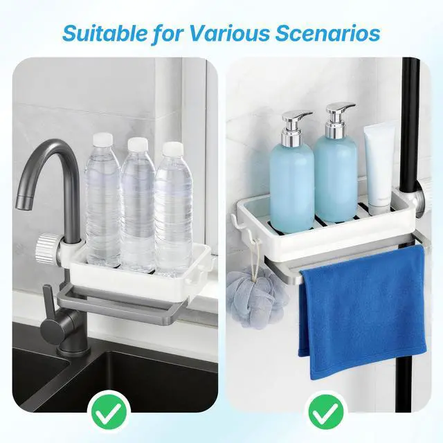Alt view image 6 of 7 - Sink Caddy Kitchen Sink Organizer, 360° Rotating Faucet Sponge Holder for Kitchen Sink with Pull-Out Drain Tray 3 Compartments Hanging Sink Caddy for Sponge Dish Brush Cloth,White