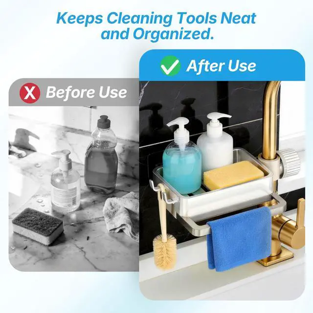Alt view image 7 of 7 - Sink Caddy Kitchen Sink Organizer, 360° Rotating Faucet Sponge Holder for Kitchen Sink with Pull-Out Drain Tray 3 Compartments Hanging Sink Caddy for Sponge Dish Brush Cloth,White