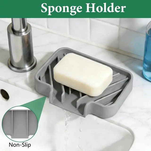 Alt view image 2 of 6 - Sponge Holder for Kitchen Sink, 5x3.5 Inch Auto-Draining Soap Tray & Sink Organizer | Compatible with Scrub Daddy, Keep Countertops Dry, Kitchen Sink Accessories (Grey)