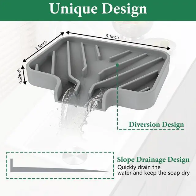 Alt view image 3 of 6 - Sponge Holder for Kitchen Sink, 5x3.5 Inch Auto-Draining Soap Tray & Sink Organizer | Compatible with Scrub Daddy, Keep Countertops Dry, Kitchen Sink Accessories (Grey)