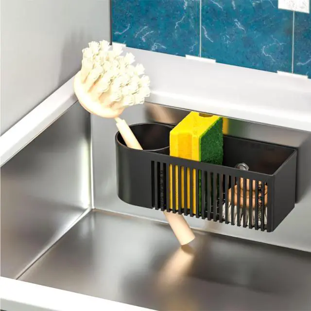 Main image of 2-in-1 Dish Wand Holder & Sponge Holder for Kitchen Sink Hanging,With Adhesive,Rust Proof Scrub Brush,Scrubber,Dish Sponge,Spinge Holder,In Sink Organizer & Basket Accessories & Essentials,Plastic