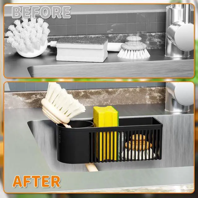 Alt view image 3 of 5 - 2-in-1 Dish Wand Holder & Sponge Holder for Kitchen Sink Hanging,With Adhesive,Rust Proof Scrub Brush,Scrubber,Dish Sponge,Spinge Holder,In Sink Organizer & Basket Accessories & Essentials,Plastic