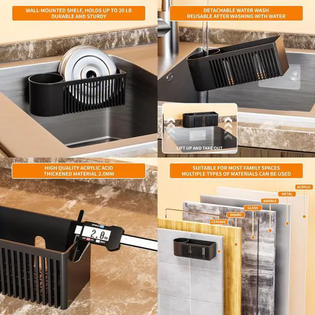 Alt view image 4 of 5 - 2-in-1 Dish Wand Holder & Sponge Holder for Kitchen Sink Hanging,With Adhesive,Rust Proof Scrub Brush,Scrubber,Dish Sponge,Spinge Holder,In Sink Organizer & Basket Accessories & Essentials,Plastic