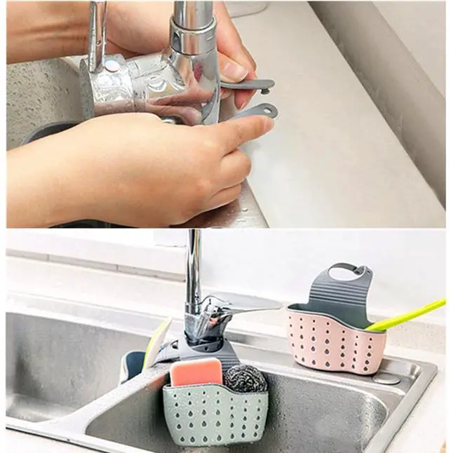 Alt view image 5 of 7 - Kitchen Sink Caddy Sponge Holder Hang Basket for Scrubber Dish Brush Kitchen Accessories Organizer(Light Blue)