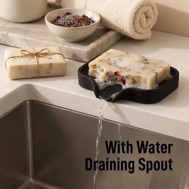 Alt view image 2 of 7 - Small Silicone Sponge Holder (4.9x3.3) Space-Saving Sink Organizer Tray for Sponge, Soap, Brush & More Compact Non-Slip Dish for Kitchen & Bathroom (Black)