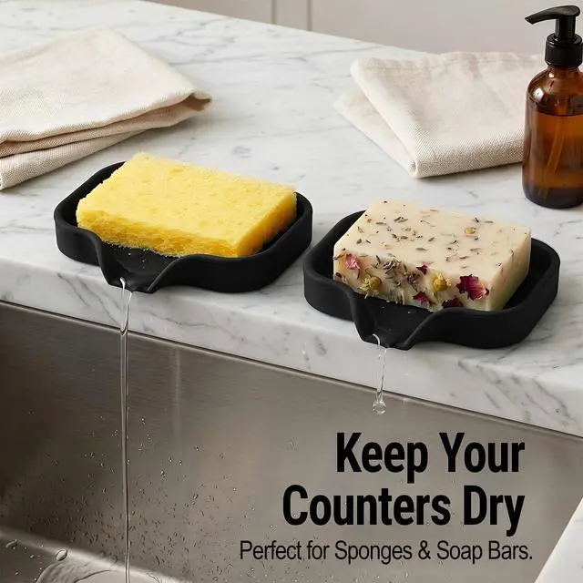 Alt view image 3 of 7 - Small Silicone Sponge Holder (4.9x3.3) Space-Saving Sink Organizer Tray for Sponge, Soap, Brush & More Compact Non-Slip Dish for Kitchen & Bathroom (Black)