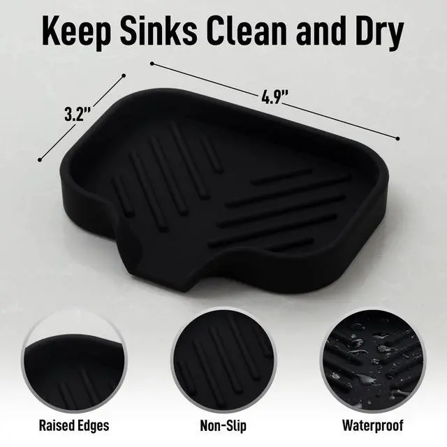 Alt view image 5 of 7 - Small Silicone Sponge Holder (4.9x3.3) Space-Saving Sink Organizer Tray for Sponge, Soap, Brush & More Compact Non-Slip Dish for Kitchen & Bathroom (Black)
