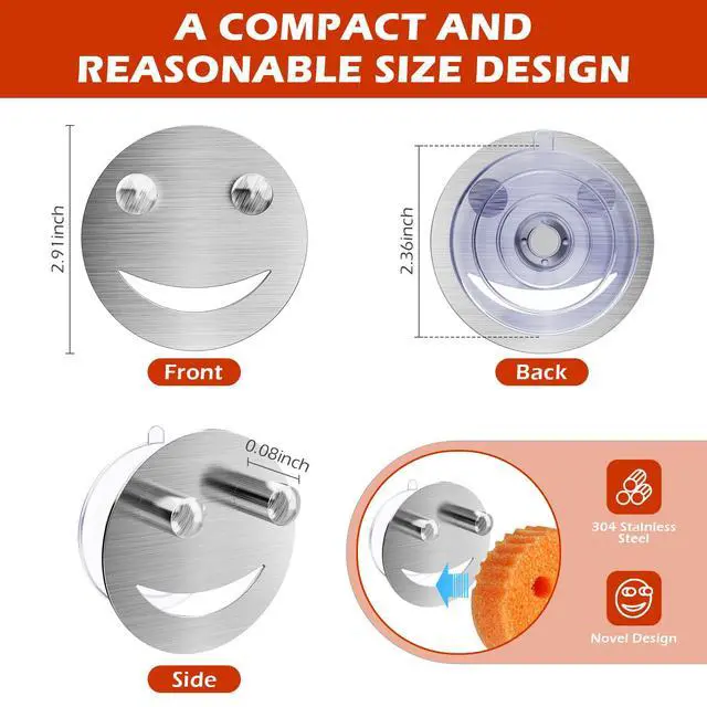 Alt view image 3 of 7 - Stainless Steel Smiley Face Sponge Daddy Holder, Sink Caddy Organizer | Brushed Silver, with Suction Cup Installation for Kitchen, Keep Happy Face Sponge Clean and Dry