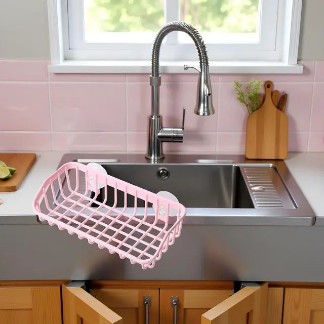 Alt view image 7 of 7 - Pink Multifunctional Drain Rack,Hanging Storage Rack Drain Rack Sink Shelf Suction Cup Dishwashing Soap Sponge Holder for Kitchen Accessories Racks and Holders Storage and Organization