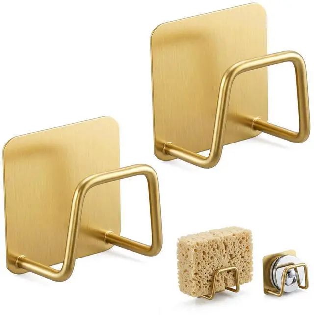 Main image of 2 PCS Sponge Caddy for Kitchen Sink Adhesive Sponge Holder | Stainless steel sponge holder rustproof and waterproof quick drying gold kitchen sink caddy accessories