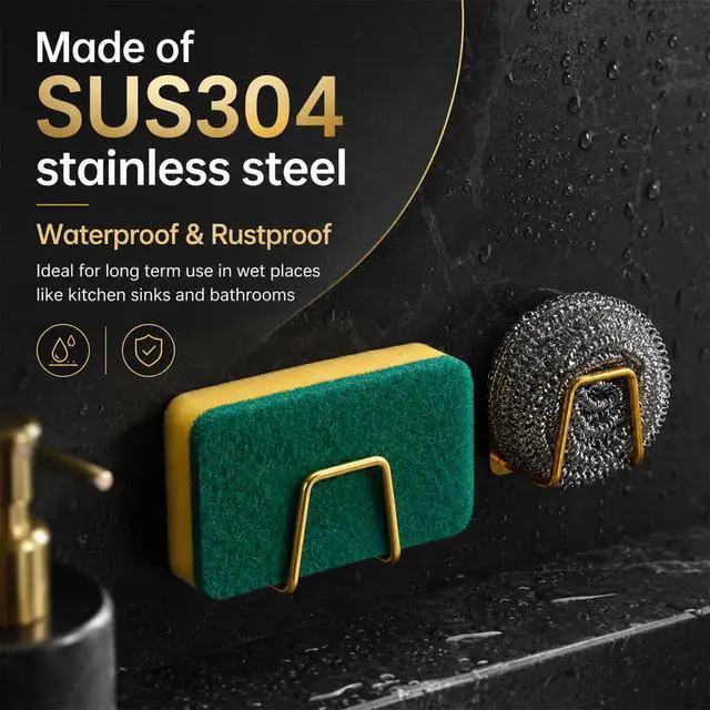 Alt view image 4 of 7 - 2 PCS Sponge Caddy for Kitchen Sink Adhesive Sponge Holder | Stainless steel sponge holder rustproof and waterproof quick drying gold kitchen sink caddy accessories
