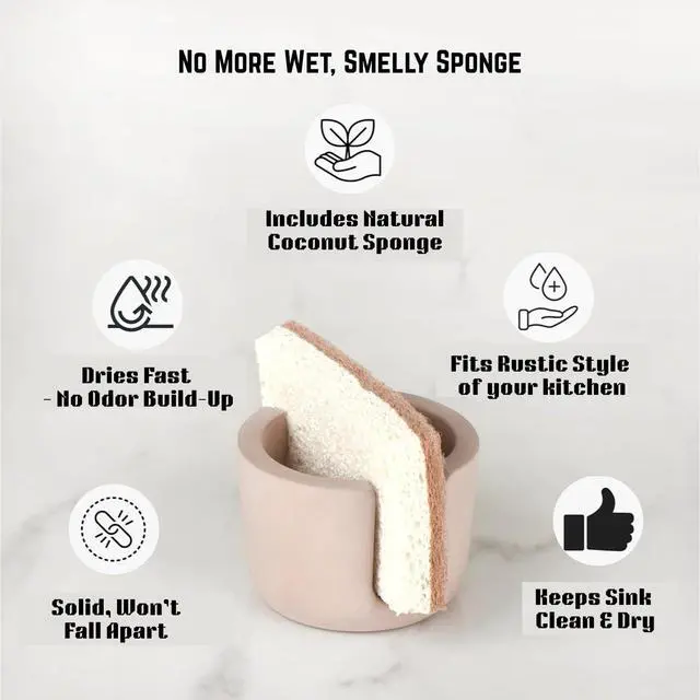 Alt view image 2 of 7 - Sponge Holder for Kitchen Sink, Kitchen Sponge Holder, Sponge Caddy Dish Holder, Sink Organizer with Diatomite Stone Tray, Ceramic Brush Holder, Farmhouse Kitchen Decor, Includes Coconut Sponge