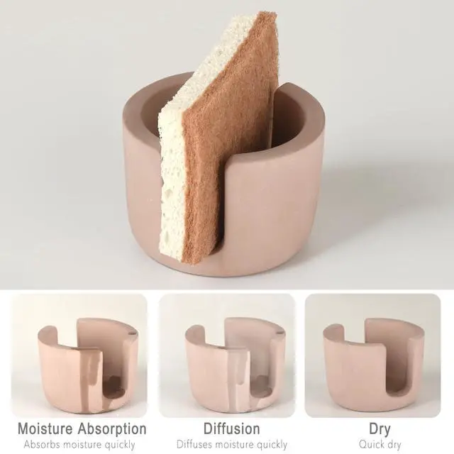 Alt view image 7 of 7 - Sponge Holder for Kitchen Sink, Kitchen Sponge Holder, Sponge Caddy Dish Holder, Sink Organizer with Diatomite Stone Tray, Ceramic Brush Holder, Farmhouse Kitchen Decor, Includes Coconut Sponge