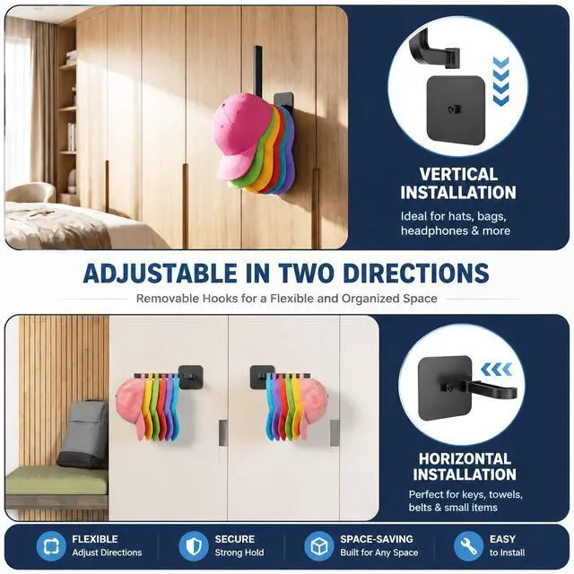 Alt view image 4 of 7 - Hat Organizer 4 Pack, Hat Rack for Baseball Caps Holds 10+ Caps Each, Hat Hooks for Wall, Strong Adhesive & Screw Mount Hat Holder, Space Saving Storage for Closet Door Bedroom, RV Accessories, Black