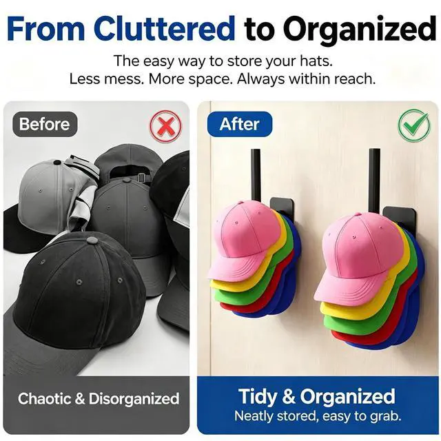 Alt view image 5 of 7 - Hat Organizer 4 Pack, Hat Rack for Baseball Caps Holds 10+ Caps Each, Hat Hooks for Wall, Strong Adhesive & Screw Mount Hat Holder, Space Saving Storage for Closet Door Bedroom, RV Accessories, Black