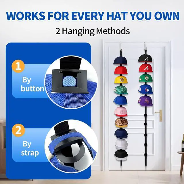 Alt view image 2 of 7 - Hat Rack for Door, Over the Door Hat Organizer for Baseball Caps, Adjustable Cap Storage with 10 Two-Way Hanging Display Hooks, No-Drill Space-Saving for Bedroom Closet Entryway, 1 Pack
