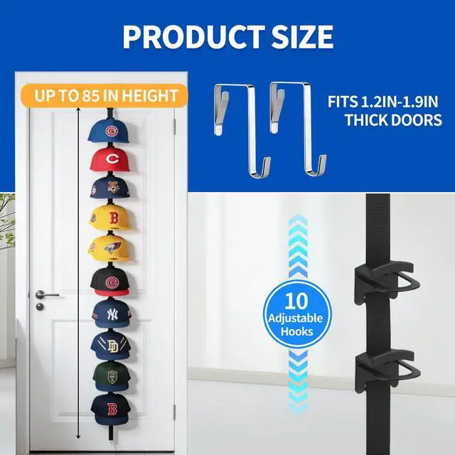 Alt view image 3 of 7 - Hat Rack for Door, Over the Door Hat Organizer for Baseball Caps, Adjustable Cap Storage with 10 Two-Way Hanging Display Hooks, No-Drill Space-Saving for Bedroom Closet Entryway, 1 Pack