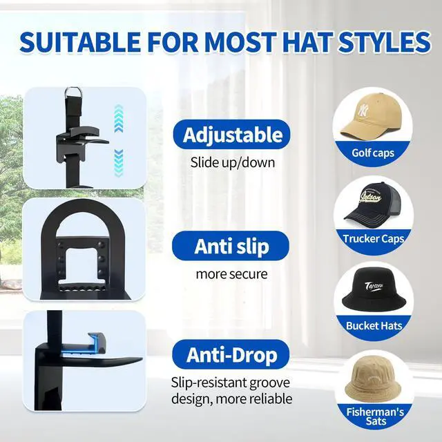 Alt view image 4 of 7 - Hat Rack for Door, Over the Door Hat Organizer for Baseball Caps, Adjustable Cap Storage with 10 Two-Way Hanging Display Hooks, No-Drill Space-Saving for Bedroom Closet Entryway, 1 Pack