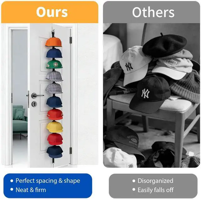Alt view image 5 of 7 - Hat Rack for Door, Over the Door Hat Organizer for Baseball Caps, Adjustable Cap Storage with 10 Two-Way Hanging Display Hooks, No-Drill Space-Saving for Bedroom Closet Entryway, 1 Pack