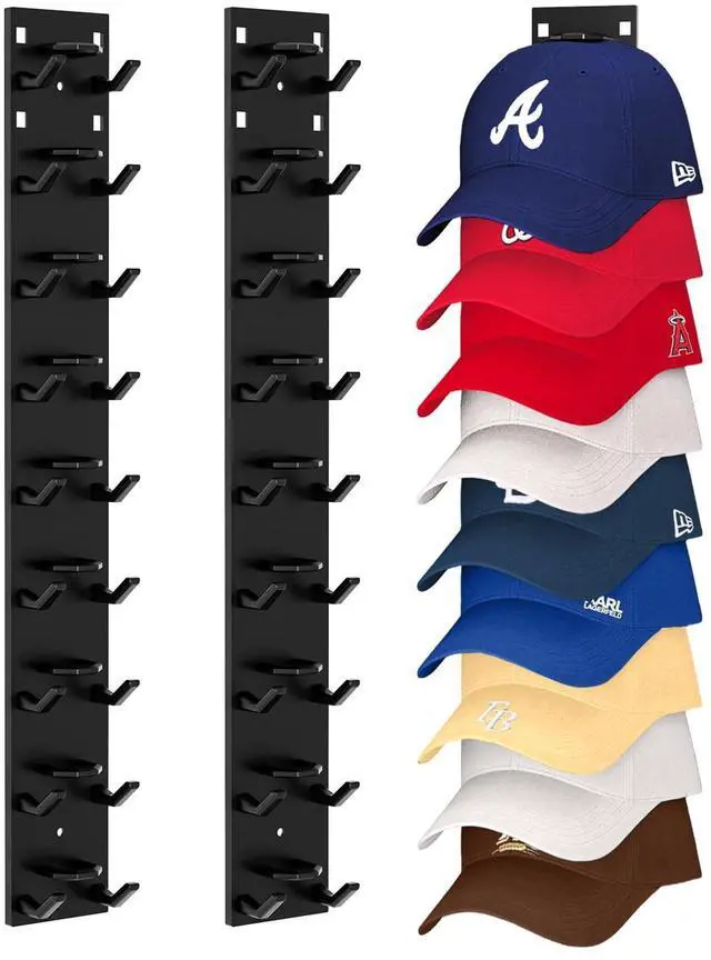 Main image of Hat Organizer for Baseball Caps (2-Pack), Strong Adhesive Hat Rack for Wall, Multi-layer Hat Hooks Storage for 18 Hats, Hat Holder Hanger for Door, Bedroom, Closet - Black