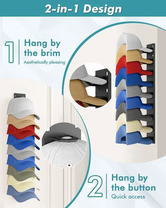 Alt view image 2 of 7 - Hat Organizer for Baseball Caps (2-Pack), Strong Adhesive Hat Rack for Wall, Multi-layer Hat Hooks Storage for 18 Hats, Hat Holder Hanger for Door, Bedroom, Closet - Black