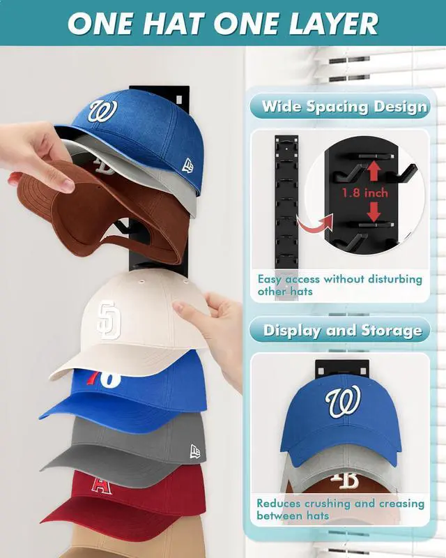 Alt view image 3 of 7 - Hat Organizer for Baseball Caps (2-Pack), Strong Adhesive Hat Rack for Wall, Multi-layer Hat Hooks Storage for 18 Hats, Hat Holder Hanger for Door, Bedroom, Closet - Black
