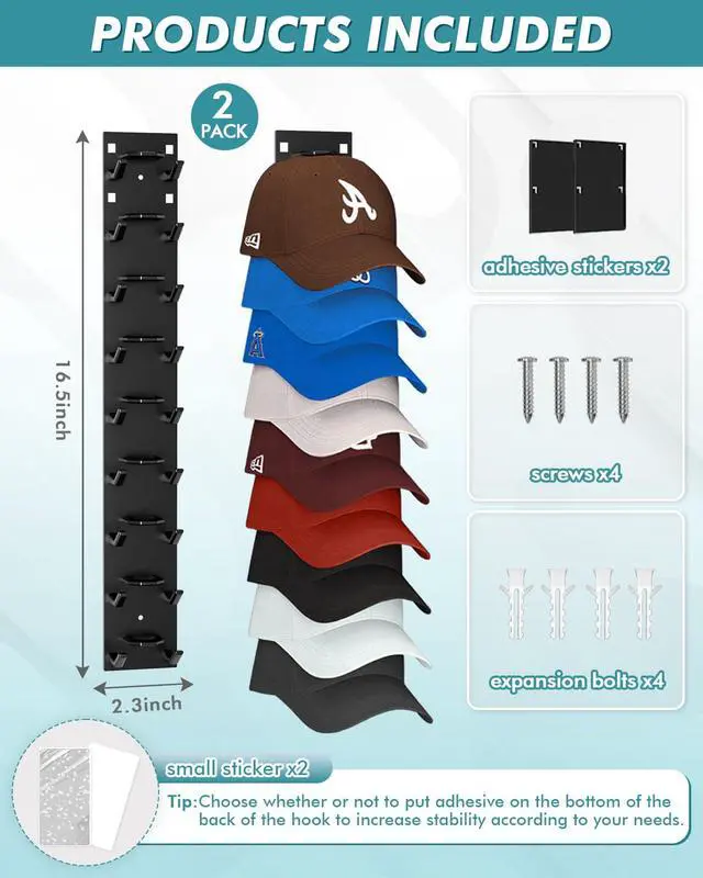 Alt view image 5 of 7 - Hat Organizer for Baseball Caps (2-Pack), Strong Adhesive Hat Rack for Wall, Multi-layer Hat Hooks Storage for 18 Hats, Hat Holder Hanger for Door, Bedroom, Closet - Black