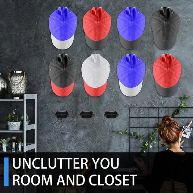 Alt view image 4 of 7 - 24 Pack Baseball Hat Holder for Wall, Adhesive Hat Rack for Caps | Hat Hangers for Wall, Upgraded Adhesive Hat Display Hooks, Hat Organizer Men Boys Bedroom AccessoriesBlack