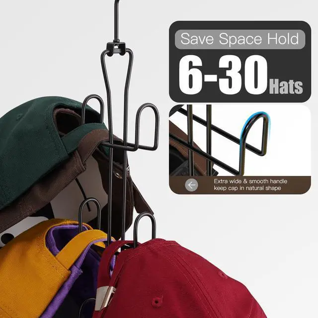 Alt view image 2 of 7 - Hat Hanger 2pcs Metal Hat Storage For Baseball Caps,Rotatable Hat Organizer For Closet,Hat Rack With 6 Hooks Up to 30 Caps Hold,Black