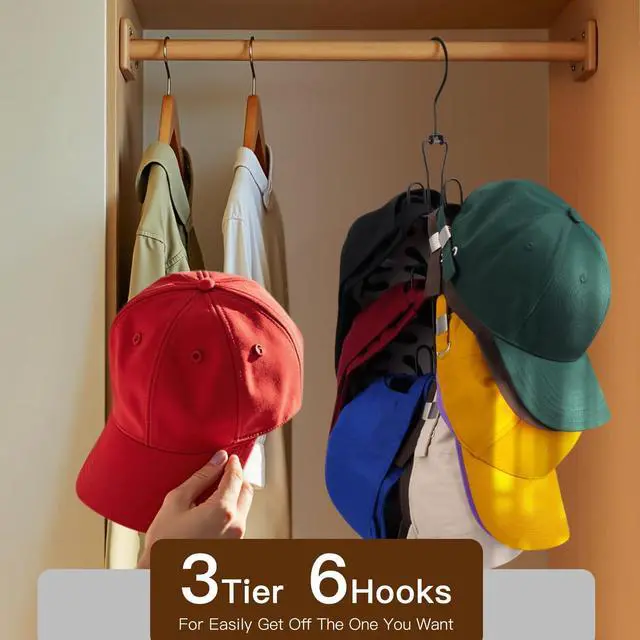 Alt view image 3 of 7 - Hat Hanger 2pcs Metal Hat Storage For Baseball Caps,Rotatable Hat Organizer For Closet,Hat Rack With 6 Hooks Up to 30 Caps Hold,Black