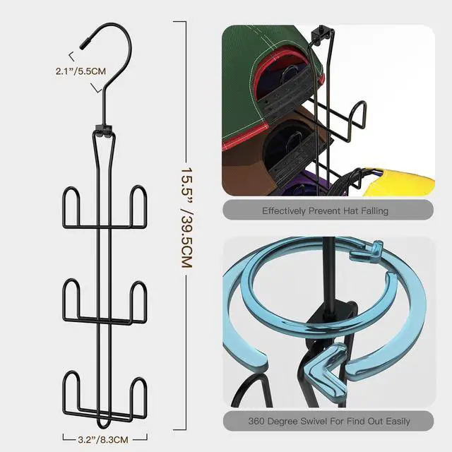 Alt view image 7 of 7 - Hat Hanger 2pcs Metal Hat Storage For Baseball Caps,Rotatable Hat Organizer For Closet,Hat Rack With 6 Hooks Up to 30 Caps Hold,Black