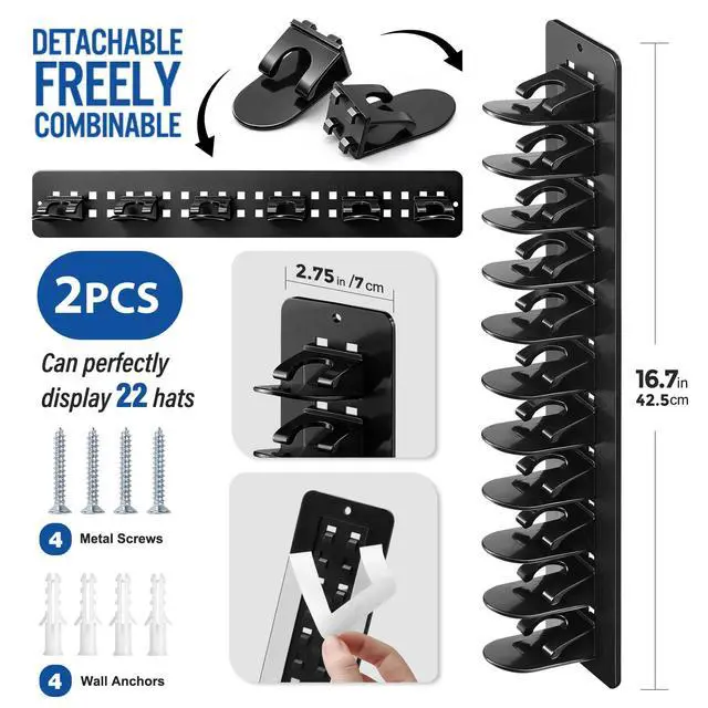 Alt view image 2 of 7 - 2 Pack Hat Hook Organizer for Baseball Caps, Hat Hanger Holder for 20 Caps, Wall Hat Rack with Strong Adhesive, Multilayer Cap Storage Hooks for Closet Door and Bedroom (Style C-Black)