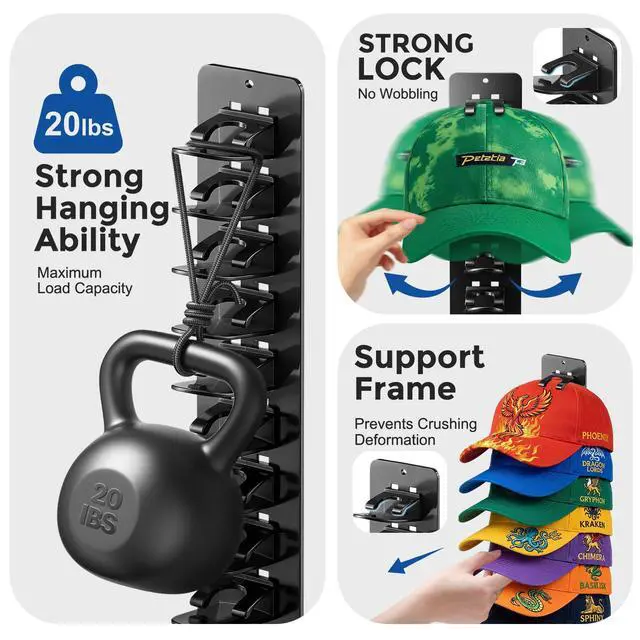 Alt view image 3 of 7 - 2 Pack Hat Hook Organizer for Baseball Caps, Hat Hanger Holder for 20 Caps, Wall Hat Rack with Strong Adhesive, Multilayer Cap Storage Hooks for Closet Door and Bedroom (Style C-Black)