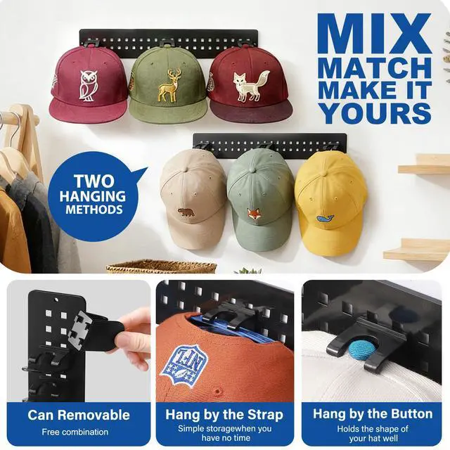 Alt view image 4 of 7 - 2 Pack Hat Hook Organizer for Baseball Caps, Hat Hanger Holder for 20 Caps, Wall Hat Rack with Strong Adhesive, Multilayer Cap Storage Hooks for Closet Door and Bedroom (Style C-Black)