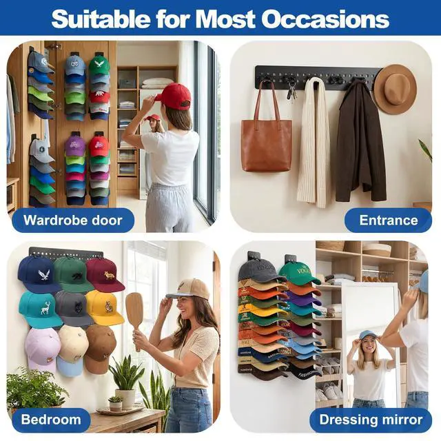 Alt view image 5 of 7 - 2 Pack Hat Hook Organizer for Baseball Caps, Hat Hanger Holder for 20 Caps, Wall Hat Rack with Strong Adhesive, Multilayer Cap Storage Hooks for Closet Door and Bedroom (Style C-Black)