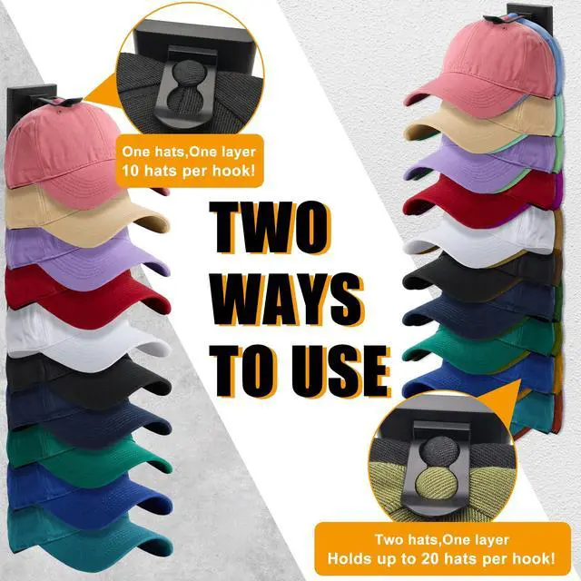 Alt view image 6 of 7 - Hat Racks for Baseball Caps,Hats Rack Organizer Hold Up to 20 Hats,Hat Organizer for Baseball Caps Hat Holder Storage Display Adhesive/Wall Drilled for Wall,Door,Closet,Hat Racks for wall (1PK, Black)