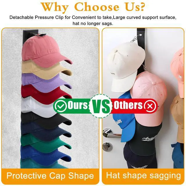 Alt view image 7 of 7 - Hat Racks for Baseball Caps,Hats Rack Organizer Hold Up to 20 Hats,Hat Organizer for Baseball Caps Hat Holder Storage Display Adhesive/Wall Drilled for Wall,Door,Closet,Hat Racks for wall (1PK, Black)