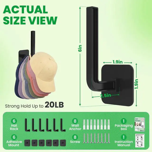 Alt view image 2 of 7 - 6 Pack Hat Rack for Wall, Strong Baseball Cap Organizer, Hat Holder Wall | Black Hat Rack Wall Mount for Baseball Caps, Adhesive Hat Hooks, Cap Organizer for Closet, Bedroom, Bathroom and Kitchen