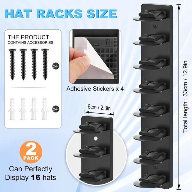 Alt view image 2 of 7 - Hat Organizer for Baseball Caps, 2 Pack | Adhesive, Hat Rack for Wall